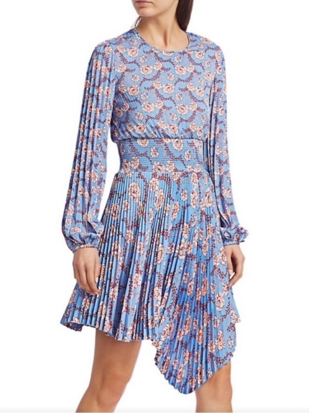 A.L.C. Behati Blue Floral Pleated Asymmetrical Long Sleeve Dress 4